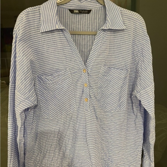Zara Women’s Top Size Sm Blue White Oversized Shirt Long Sleeve Pullover Preppy - Picture 1 of 6